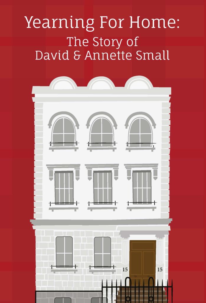 A family history book featuring an illustration of a three-story house
