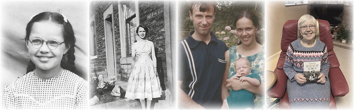 Nostalgic photos depicting the same person as a child, young woman, mother and elderly woman holding a copy of her memoir