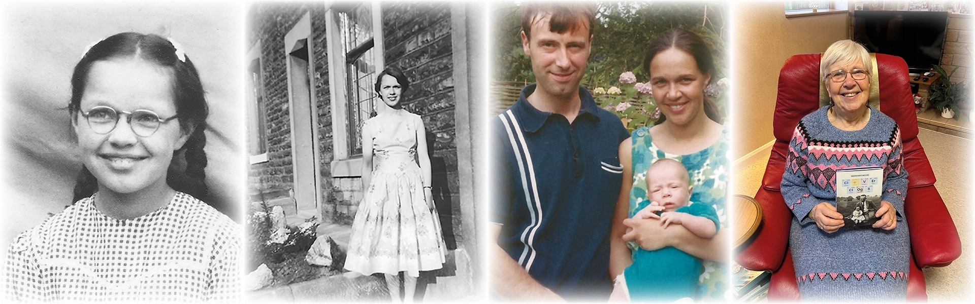 Photographs showing a smiling young girl through childhood, coming of age, family and retirement